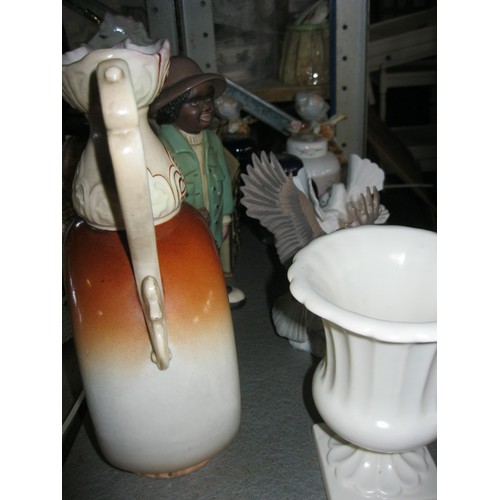 197 - Shelf of vintage ceramics including Tremar pottery moneybox and 3 ginger jars