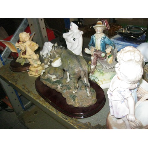 227 - Shelf of ceramics to include prancing unicorn and a pair of Pierrots