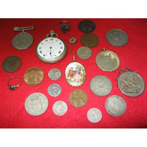 101 - A tobacco tin containing an 1894 South Africa florin, 1887 silver sixpence, silver mounted 1951 crow... 