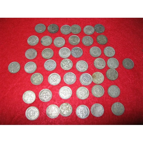 102 - A bag containing 44 silver 3d coins, Victoria, George V, George VI, 1878 - 1941