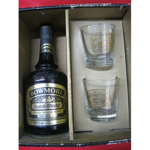 289 - A vintage bottle of Bowmore Islay single malt Scotch whiskey in presentation box with two Bowmore br... 