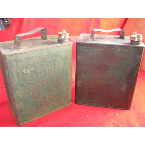 10 - 2 two gallon vintage petrol cans with brass caps, one by Pratts.