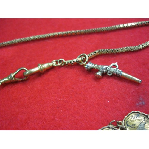 238 - A gold plated watch chain with a watch key in the shape of a flintlock pistol, a bracelet and severa... 