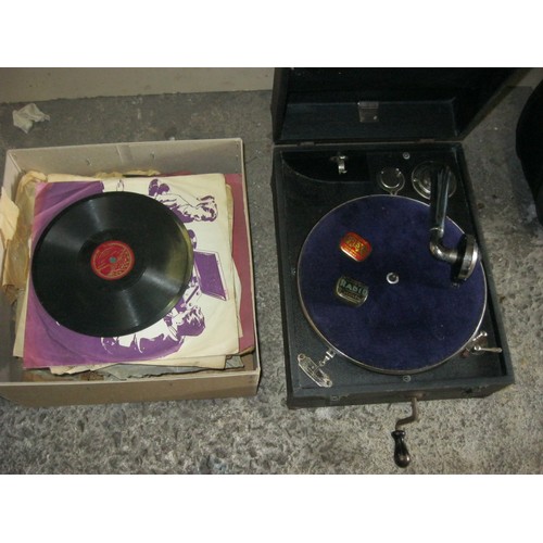 215 - A vintage wind up gramophone in working order plus a box of 78 rpm records