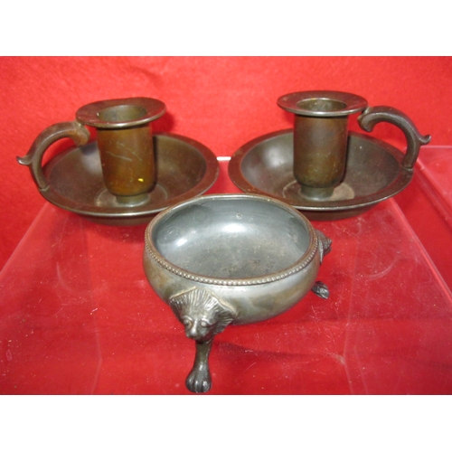 28 - A pair of vintage pewter candle sticks plus a trinket bowl in the form of a 3-legged cauldron