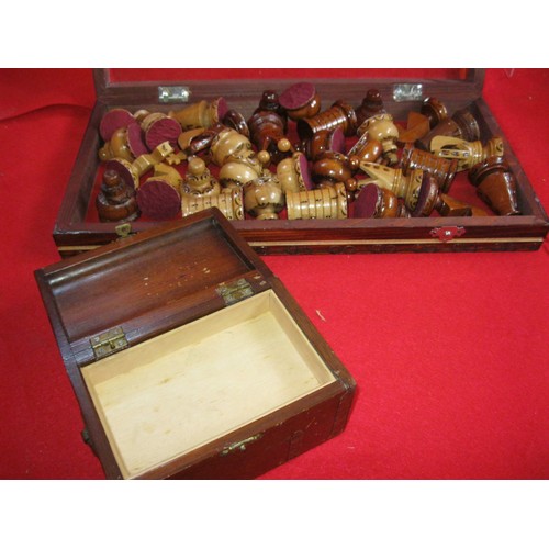 338 - A wooden Chess set and board, plus a music box in the form of a chest that plays 'You take the high ... 