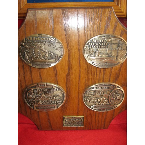 191 - x4 framed war-related belt buckles of various campaigns by Award Design Medals Ltd.