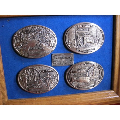 191 - x4 framed war-related belt buckles of various campaigns by Award Design Medals Ltd.