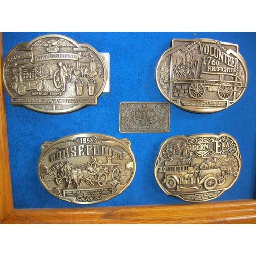 191 - x4 framed war-related belt buckles of various campaigns by Award Design Medals Ltd.