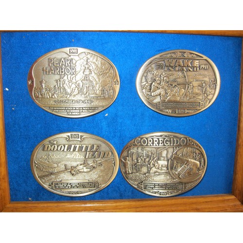 191 - x4 framed war-related belt buckles of various campaigns by Award Design Medals Ltd.