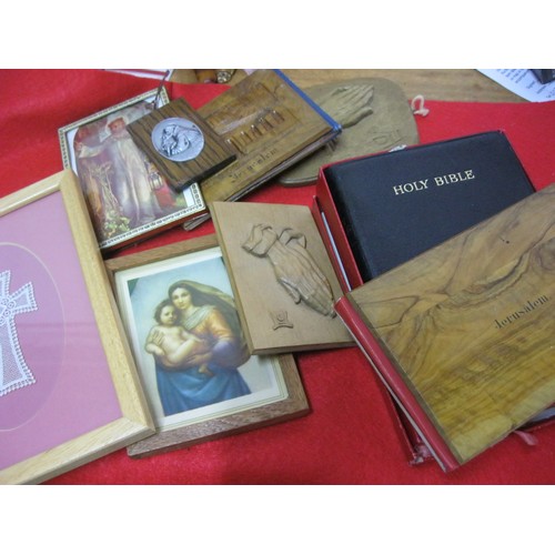 223 - A box of religious items including bibles, pictures etc including 2 books of 'Flowers from the Holy ... 