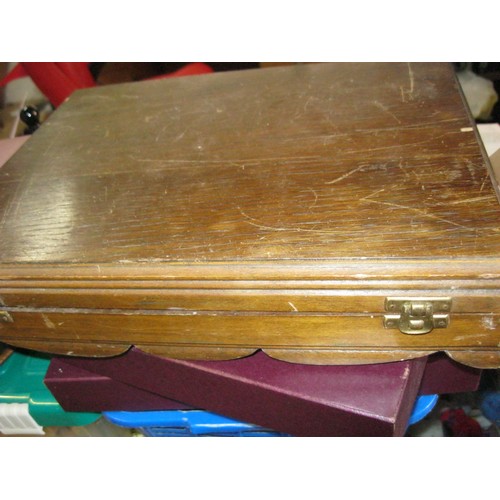 31 - A wooden cutlery box (interior a/f) full of mixed cutlery including tongs, grape scissors and an ass... 