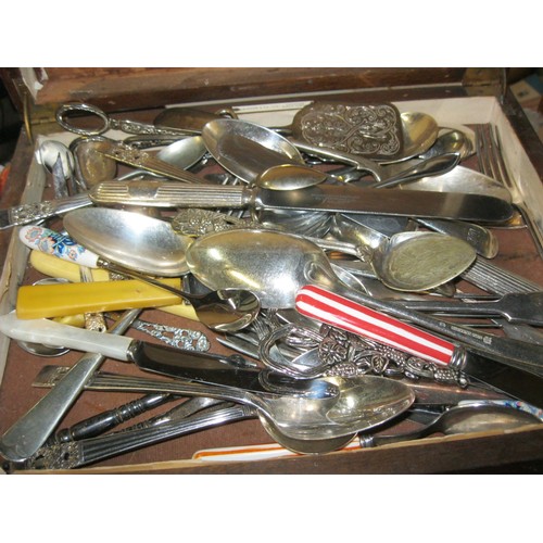 31 - A wooden cutlery box (interior a/f) full of mixed cutlery including tongs, grape scissors and an ass... 