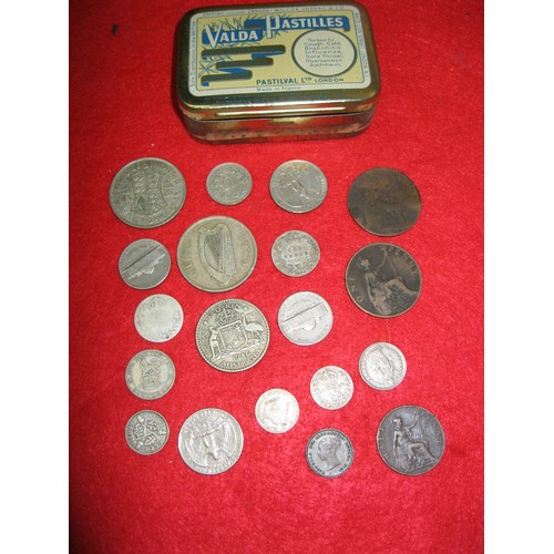 97 - A vintage tin containing silver and other coinage including an 1844 Half Farthing, a 1939 Irish Half... 