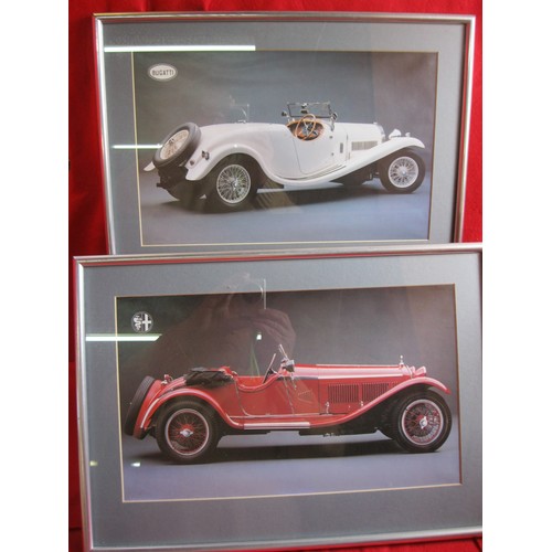 8 - A pair of framed and glazed pictures of vintage cars, one a Bugatti and the other an Alfa Romeo