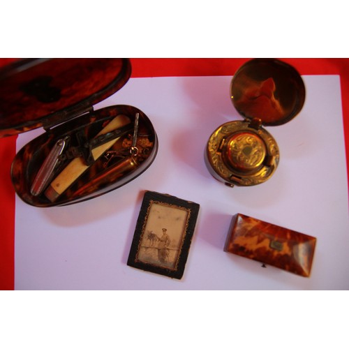 189 - Interesting selection of military and other items, including tortoiseshell boxes, travel inkwell etc... 