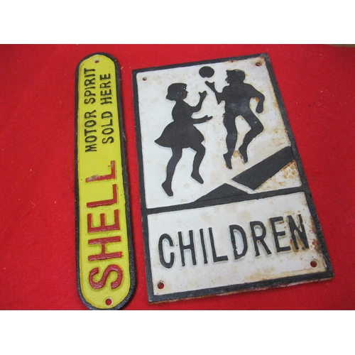 7 - A pair of retro-style cast iron signs, one for Shell Motor Spirit and the other a 'Children' warning... 