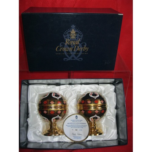 50A - Royal Crown Derby Old Imari Limited Edition Millennium Globes dated MM2000 and MMI 2001, boxed, in p... 