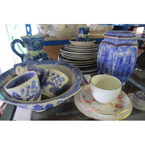 113 - A selection of Blue and White China and stoneware to include two Stoneware Jugs 3 inch and 7 inch ta... 