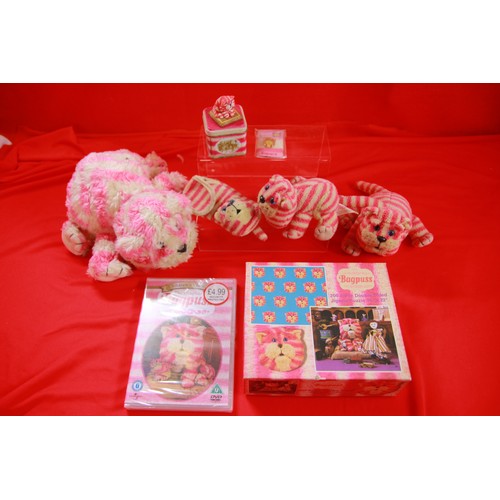 367 - An assortment of vintage and newer Bagpuss items including DVD, soft toys, tins etc