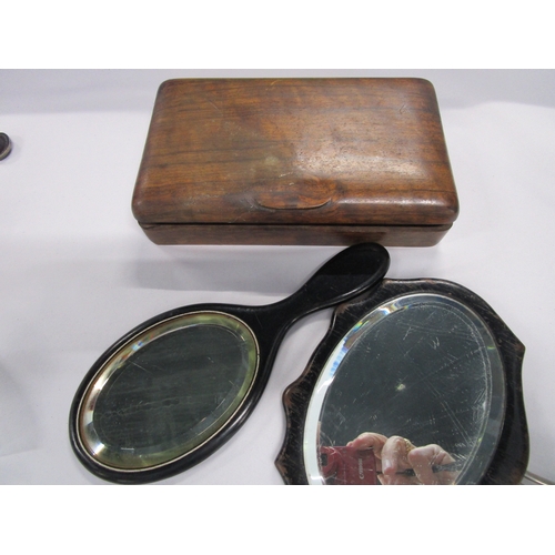 373 - Three wooden items a card box and two vanity mirrors one as a brush style the other with a rear supp... 