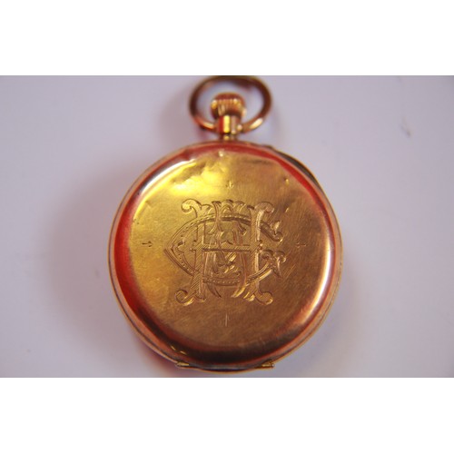 384 - A vintage pocket watch in a 9 ct gold case, in running order although glass and bezel detached and o... 