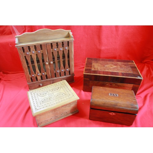 378 - A box of interesting treen items including a tea caddy in good order