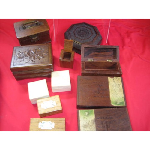 379 - A dozen wooden boxes of various sizes, 4 with carved or inlaid detail