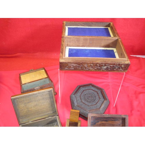 379 - A dozen wooden boxes of various sizes, 4 with carved or inlaid detail