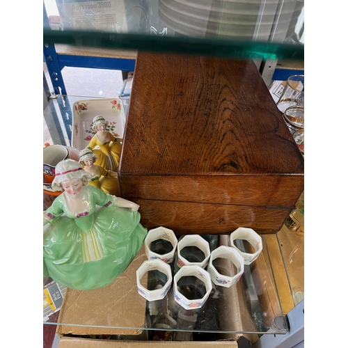 380 - Edwardian writing box (needs restoration), Poole serviette Rings and lady trinket pots