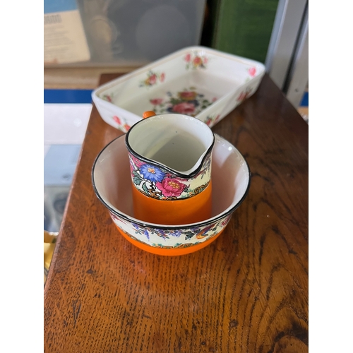 380 - Edwardian writing box (needs restoration), Poole serviette Rings and lady trinket pots