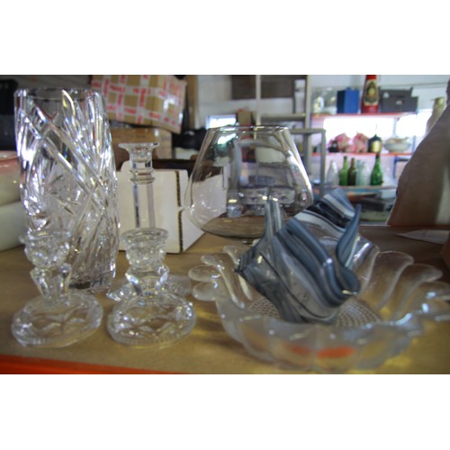 89 - Assorted glassware, including candlesticks, vases etc.