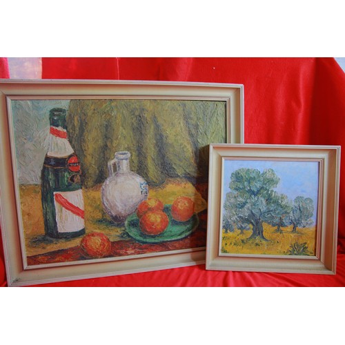 3 - A pair of pallette oil on canvas images by Pamela Stonor, comprising a large still life and a smalle... 