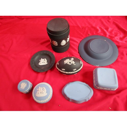 90 - A collection of Black basalt and Wedgwood blue items including and Egg.