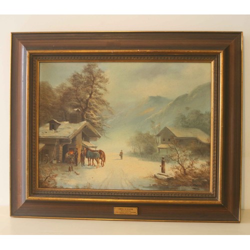 19 - Original Oil, mid-Century by Gerhard Zank.  Winter Scene - Horses at Farrier 16.5