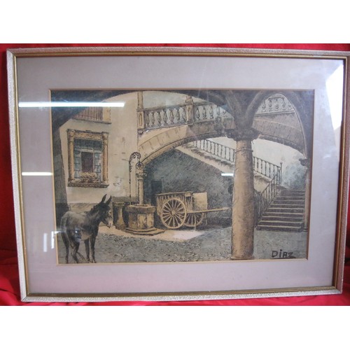 7 - An aquatinted line drawing, framed and glazed, of a Spanish courtyard scene, signed Diaz