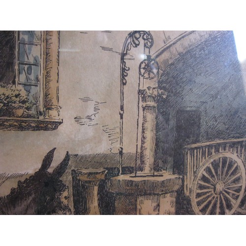 7 - An aquatinted line drawing, framed and glazed, of a Spanish courtyard scene, signed Diaz