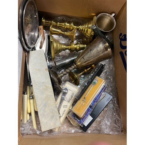 40 - Collection of metal ware, including candlesticks, cutlery and collectable spoons