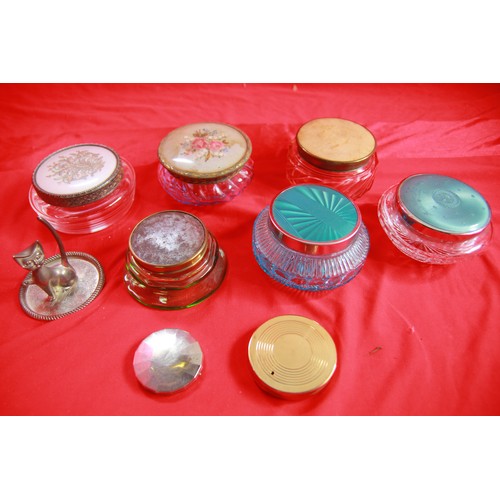 55 - A box of vintage vanity unit cut glass pots, many with decorated lids, plus a pair of vintage compac... 