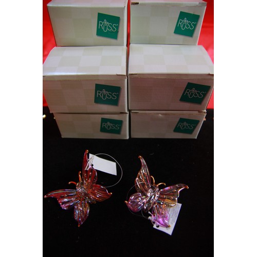 45 - 12 individually boxed Russ Berrie glass butterfly ornaments, new and unused, in original crate