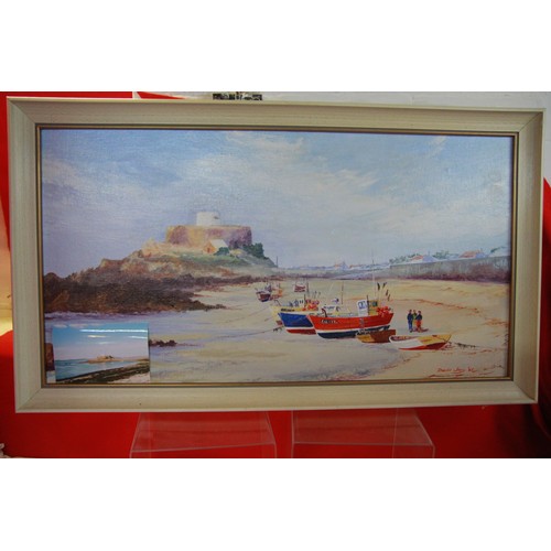 32 - A large framed acrylic on board painting of Fort Grey, St Peter's, Guernsey with fishing boats to fo... 