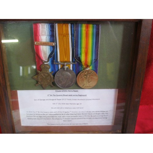 188 - 1st July 1916 Somme WW1 Casualty medals S/6551 Pte Harry Raper, 2nd Bn The Queens (Royal West Surrey... 