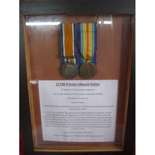 189 - 1st July 1916 Somme Casualty Medals WW1 British War Medal & Victory Medal 21798 Pte Edward Potter 8t... 
