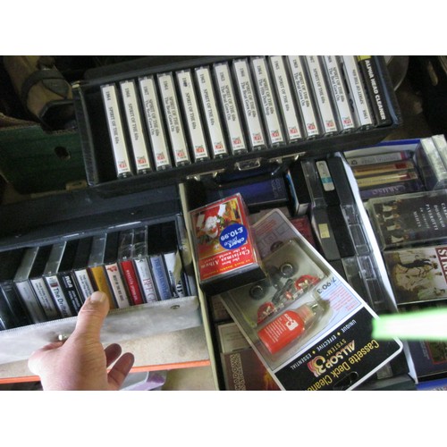 198 - Two boxes of cassette tapes plus two cassette tape carriers full of tapes, various genres