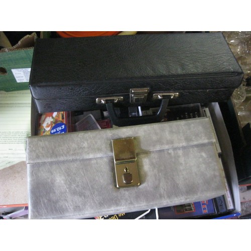 198 - Two boxes of cassette tapes plus two cassette tape carriers full of tapes, various genres