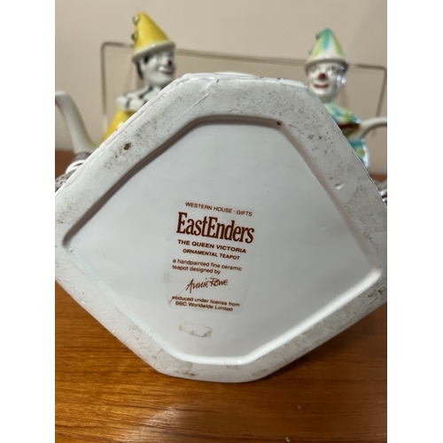 223 - x3 Novelty Teapots.  Two Tony Wood Studio Clowns, one Annie Rowe 'Eastenders'.  Only damage seems to... 