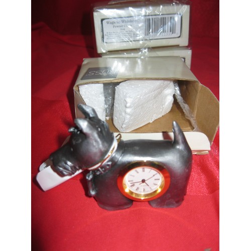 16 - 2 Russ Berries Wags to Whiskers pewter dog clocks, new and sealed