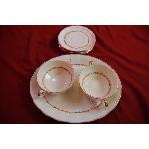 18 - 1930's China Grindley soup bowls, plates and serving platter