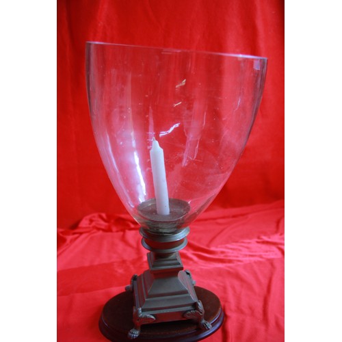 19 - A brass candlestick base with a large and imposing glass shade