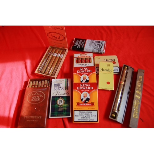 358 - A selection of cigars and tobacco including a pair of Willem II Churchill cigars, sealed, 2 packs of... 